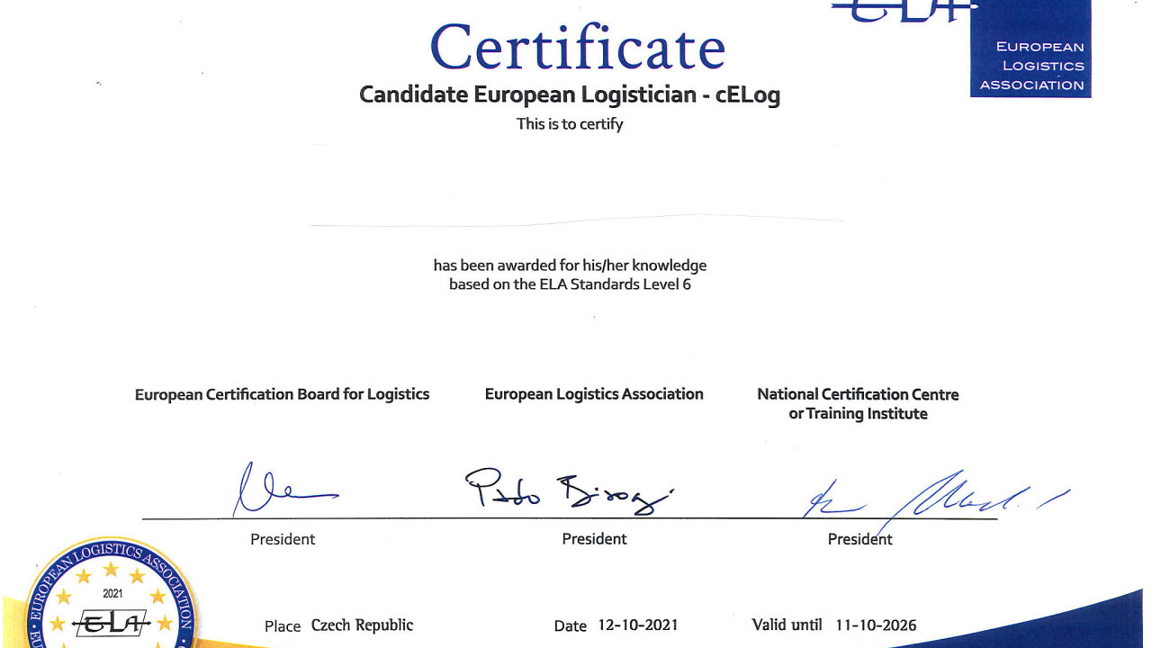 Další absolventi studia zajišťovaného katedrou logistiky VŠE v Praze získali odborné certifikáty cELog Evropské logistické asociace